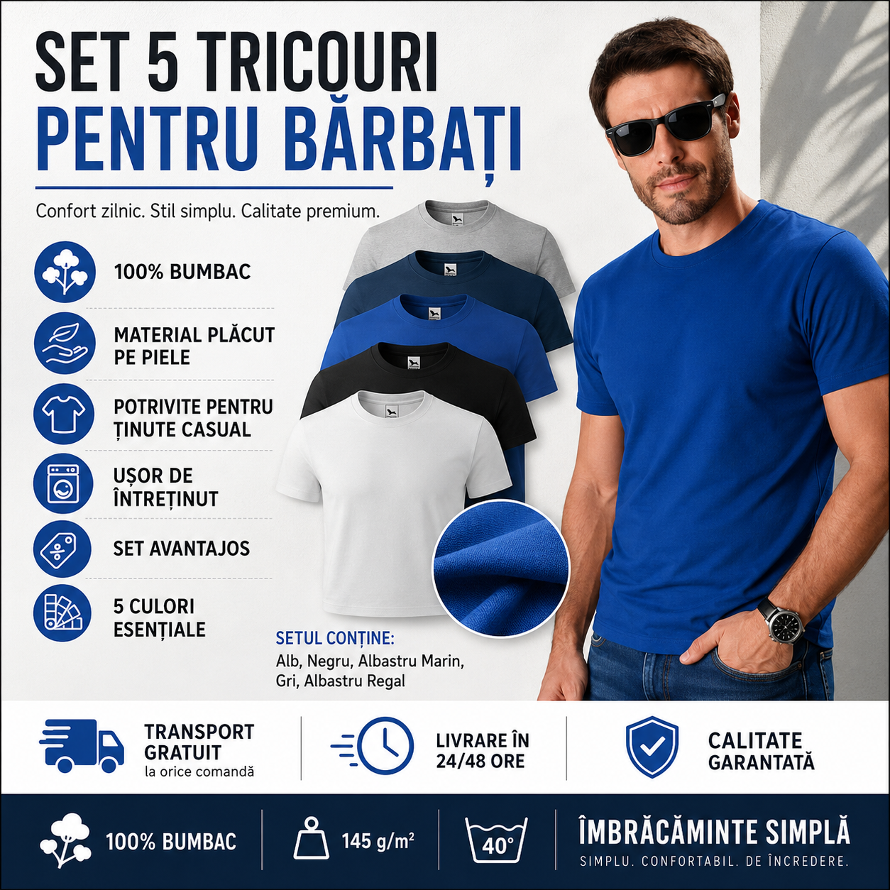 Detalii tricouri bărbați din bumbac 100%, guler rotund, cusături rezistente și material premium